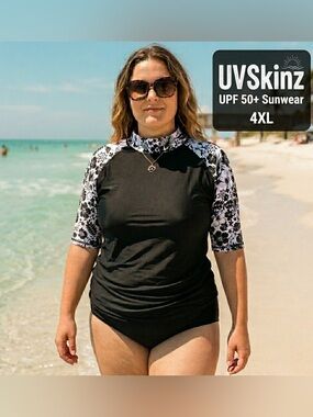 UVSkinz Women's Black Short Sleeve UV Rash Guard - Floral Sleeves